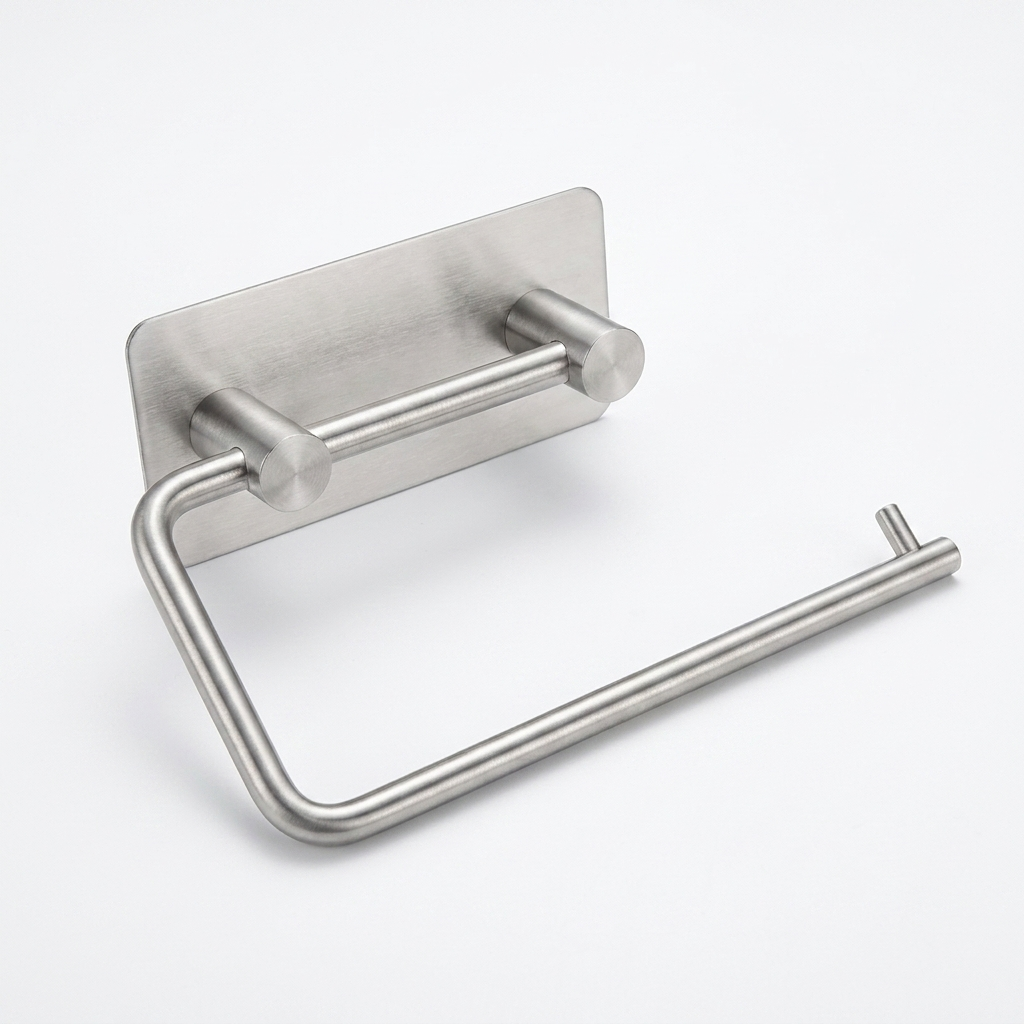Mountly Paper Roll Holder in Silver, brushed stainless steel studio shot