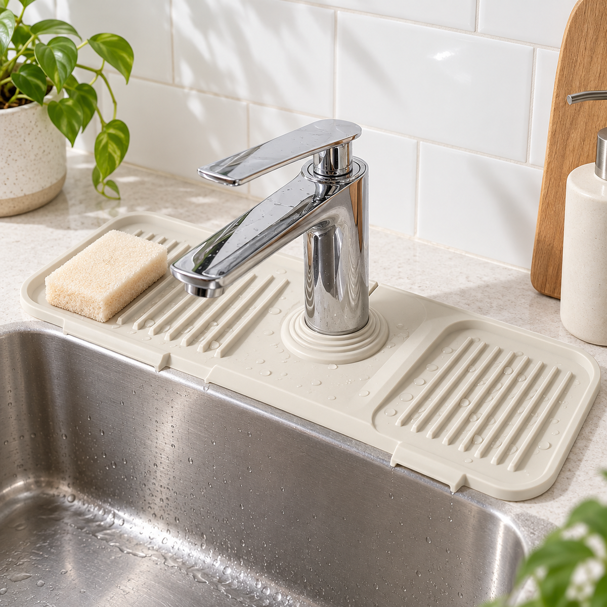 Off White faucet splash mat fitted around a chrome faucet with drainage lips facing the sink