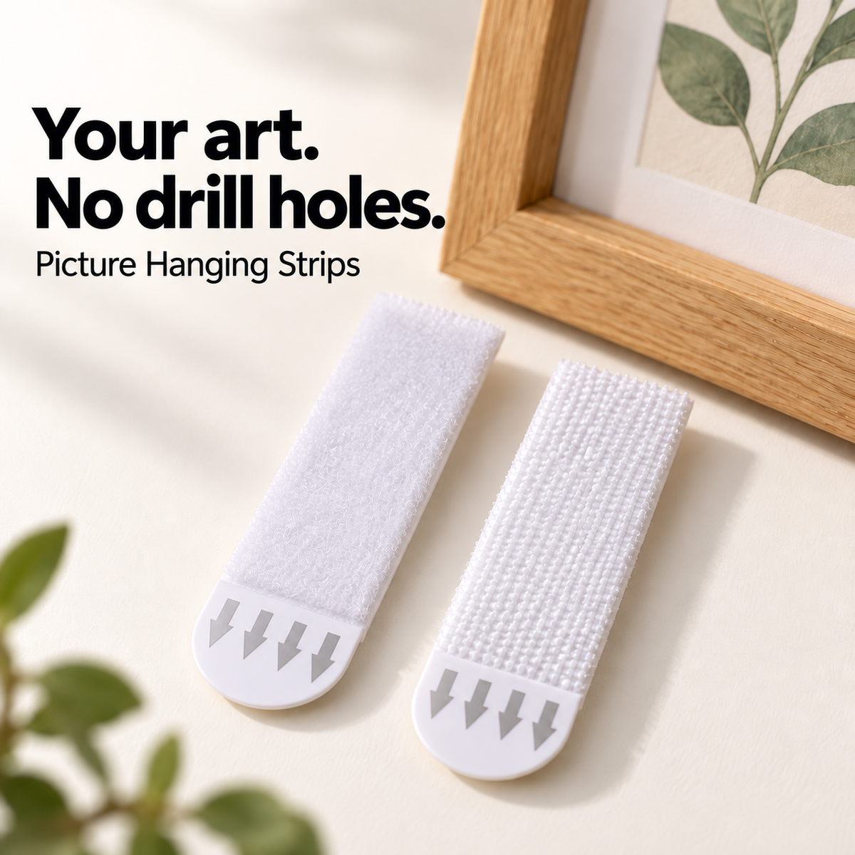 White picture hanging strips beside an oak frame. Your art. No drill holes.
