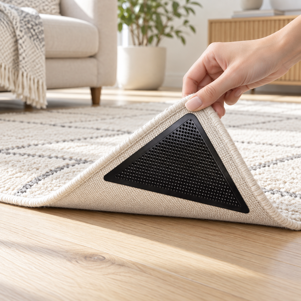 A lifted rug corner showing a black triangular gripper attached to the underside