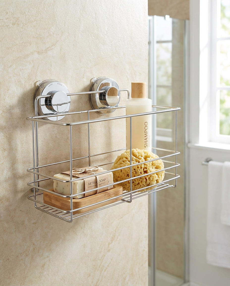Mountly Shower Caddy mounted on bathroom tile