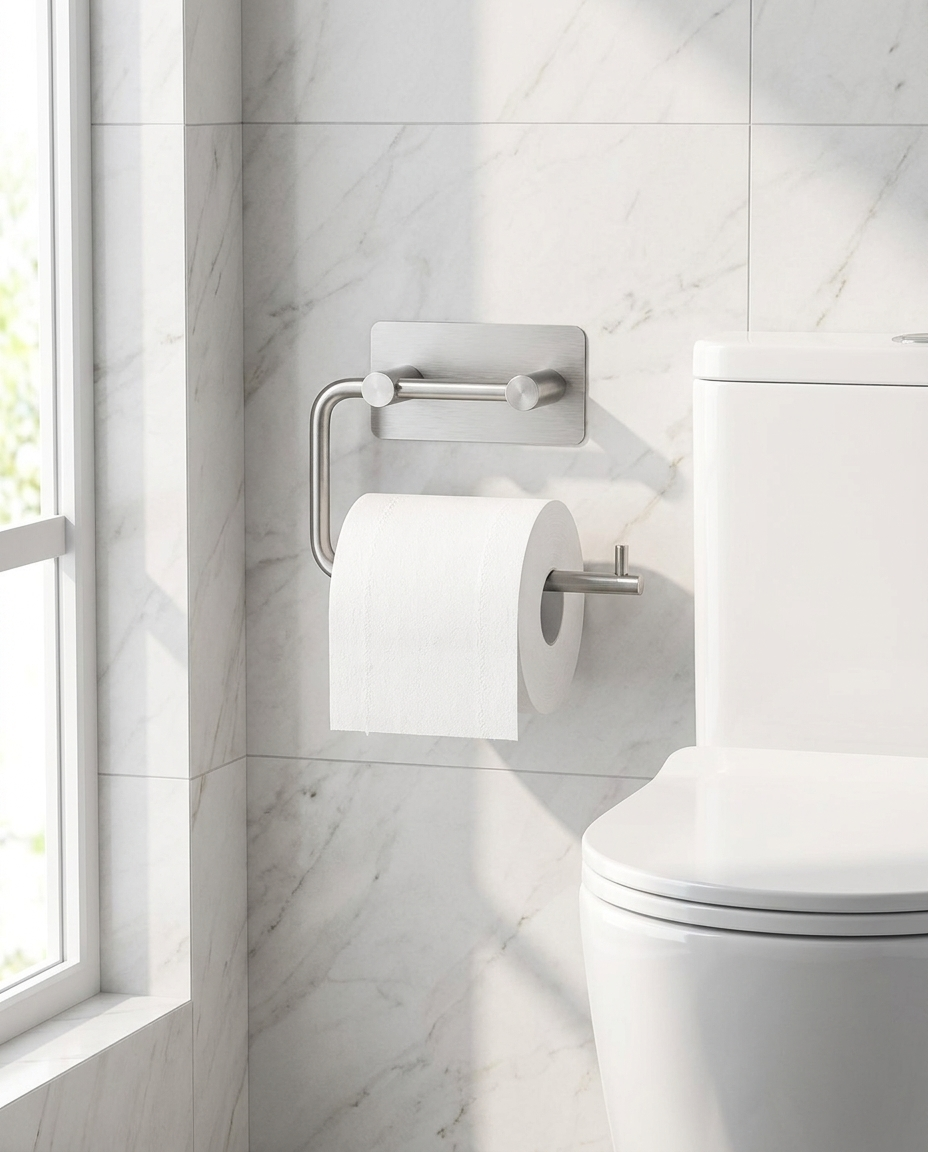Mountly Paper Roll Holder mounted in a bathroom holding a toilet paper roll