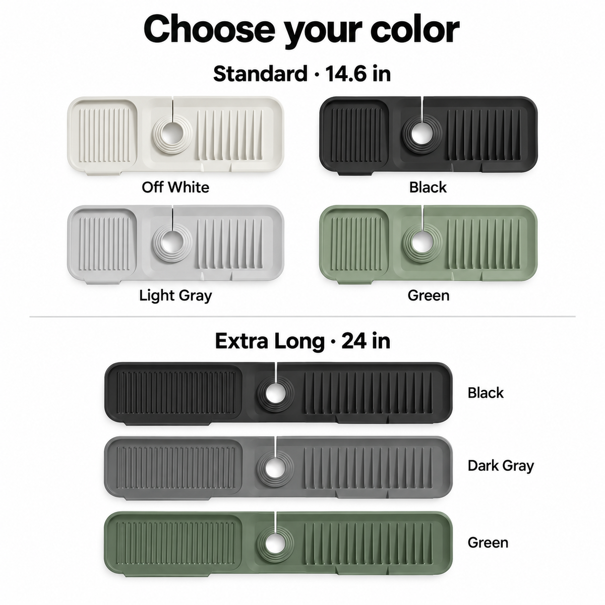 Standard colors: Off White, Black, Light Gray, Green. Extra Long colors: Black, Dark Gray, Green.